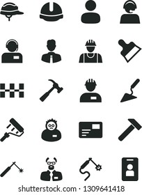 Solid Black Vector Icon Set - builder vector, workman, building trowel, paint roller, ceramic tiles, construction helmet, putty knife, hammer, with claw, employee, pass card, operator, welding, gas