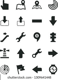 Solid Black Vector Icon Set - upward direction vector, downward, right, left, minus, index finger, map, flag, move up, down, lighthouse, repair, radar, dollar pin, escalator, signpost, compass