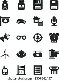 Solid Black Vector Icon Set - desktop microphone vector, hat, camera roll, new abacus, toy mobile phone, estimate, alarm clock, jar of jam, windmill, retro car, vintage sign, man in sight, floppy