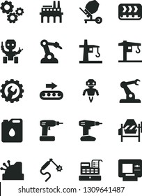 Solid Black Vector Icon Set - crane vector, concrete mixer, cordless drill, gear, industrial enterprise, conveyor, production, canister of oil, tower, gas welding, robot welder, assembly, gears, atm