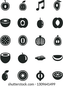 Solid Black Vector Icon Set - music vector, slices of onion, half apricot, pomegranate, medlar, mango, peach, melon, tangerine, loquat, cherry, passion fruit, kiwi, sour lime, guawa, piece coconut