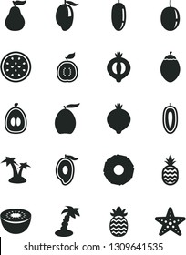 Solid Black Vector Icon Set - a pineapple vector, medlar, half of, mango, loquat, date fruit, passion, sweet, kiwi, tamarillo, guawa, slice, ripe guava, palm tree, starfish