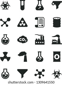 Solid Black Vector Icon Set - round flask vector, manufacture, factory, oil, barrel, industrial building, radiation, carbon dyoxide, filter, water, research article, test tube, molecule, nuclear