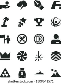 Solid Black Vector Icon Set - faucet mixer vector, storm cloud, pile, outdoor thermometer, catch a coin, dollars, dispatcher, fan, atom, nuclear, earth core, ink pen, prize, man hold flag, crown