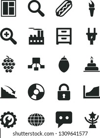 Solid Black Vector Icon Set - magnifier vector, zoom, birthday cake, window, gear, lock, nightstand, Hot Dog, large grape, tamarillo, electric plug, industrial building, globe, recession, think