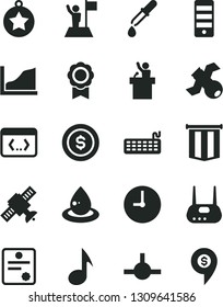 Solid Black Vector Icon Set - wall clock vector, drop of oil, keyboard, pc tower, router, connect, coding, note, satellite, pipette, growth graph, medal, patente, star, man with flag, pennant, pin