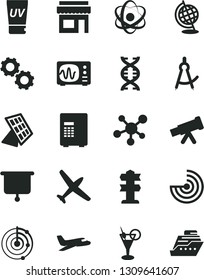 Solid Black Vector Icon Set - telescope vector, molecule, atom, dna, gears, globe, oscilloscope, drawing compass, radar, sun panel, presentation board, plane, uv cream, cocktail, safe, store