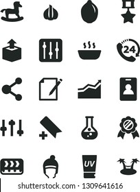 Solid Black Vector Icon Set - add bookmark vector, small rocking horse, winter hat, regulator, notes, 24, unpacking, hot porridge, lime, garlic, flask, conveyor, connection, settings, arrow graph