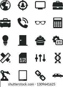 Solid Black Vector Icon Set - sign of the planet vector, spectacles, suitcase, bulb, ntrance door, writing accessories, muffin, robot welder, SIM, briefcase, man in sight, phone call, tablet pc, dna