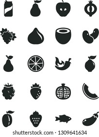 Solid Black Vector Icon Set - chili vector, fish, soda can, strawberry, pear, half pomegranate, branch of grape, quince, tasty apple, raspberry, fig, medlar, blackberry, slice melon, ripe plum