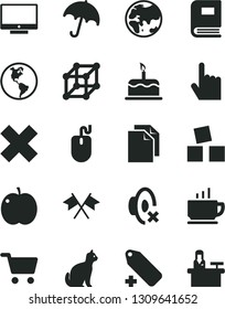 Solid Black Vector Icon Set - clean paper vector, cross, silent mode, add label, cubes for children, index finger, umbrella, screen, coffee, cake, apple, planet, Earth, shopping cart, mouse, book