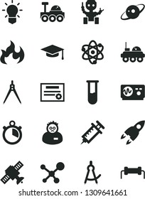 Solid Black Vector Icon Set - test tube vector, molecule, atom, bulb, satellite, oscilloscope, flame, scientist, graduate hat, drawing compass, robot, saturn, rocket, lunar rover, syringe, stopwatch