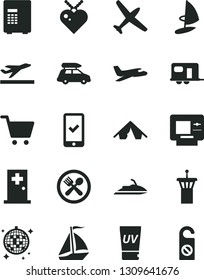 Solid Black Vector Icon Set - plane vector, car baggage, camper, sail boat, airport tower, phone registration, departure, atm, tent, uv cream, disco ball, medical room, cafe, safe, cart, jet ski