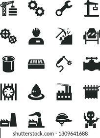 Solid Black Vector Icon Set - tower crane vector, workman, gears, concrete mixer, helmet, brick, coal mining, valve, factory, industrial building, thermal power plant, cloth industry, drop of oil