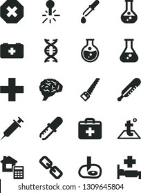 Solid Black Vector Icon Set - mark of injury vector, spectacles, first aid kit, plus, mercury thermometer, bag a paramedic, arm saw, estimate, temperature, round flask, dna, brain, pipette, syringe