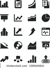 Solid Black Vector Icon Set - growth up vector, pie chart, line, graph, negative histogram, cardiogram, bar, recession, statistical report, hierarchical scheme, ring diagram, research, presentation