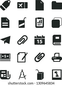 Solid Black Vector Icon Set - clip vector, paper airplane, clean sheet of, scribbled, folder, e, packing juice with a straw, calendar, notes, label, copy, scribed compasses, statistical report, cash