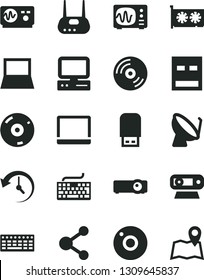 Solid Black Vector Icon Set - camera vector, keyboard, CD, satellite dish, connection, computer, notebook pc, gpu card, web, usb, router, flash, projector, history, oscilloscope, map