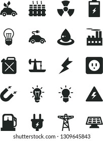 Solid Black Vector Icon Set - danger of electricity vector, power socket type b, lightning, radiator, charging battery, oil derrick, gas station, bulb, pole, plug, industrial building, canister