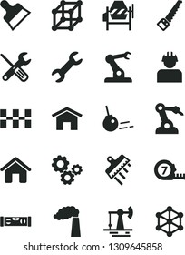 Solid Black Vector Icon Set - house vector, concrete mixer, small tools, arm saw, long meashuring tape, building level, ceramic tiles, putty knife, spatula, core, home, working oil derrick, builder