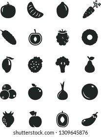 Solid Black Vector Icon Set - cucumber vector, strawberries, pear, orange, peach, strawberry, blackberry, blueberries, mango, delicious plum, slice of tangerine, half cherry, lime, apple, pineapple