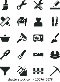 Solid Black Vector Icon Set - electronic thermometer vector e, iron fork spoons, building trowel, concrete mixer, small tools, hand saw, paint roller, wooden brush, construction level, drawing, pan