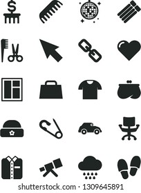 Solid Black Vector Icon Set - spectacles vector, open pin, accessories for a hairstyle, comb, cloud, warm hat, window, heart, T shirt, folded, retro car, purse, hand bag, chair, cursor, telescope