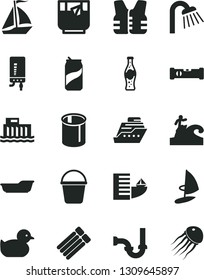 Solid Black Vector Icon Set - baby duckling vector, bath, bucket, shower, sewerage, construction level, electronic boiler, a glass of tea, soda can, bottle, hydroelectric station, pipes, sail boat