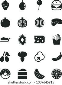 Solid Black Vector Icon Set - piece of cheese vector, big burger, mushroom, cake, slice, glazed with a hole, Chupa Chups, French fries, fried egg, strawberry, pomegranate, half, cornels, water melon