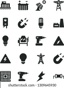 Solid Black Vector Icon Set - danger of electricity vector, matte light bulb, concrete mixer, cordless drill, lightning, boiler, big solar panel, battery, hydroelectric station, power line, pole