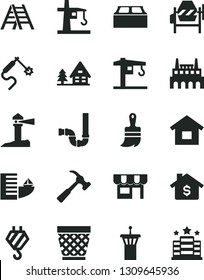 Solid Black Vector Icon Set - wicker pot vector, crane, dwelling, hook, concrete mixer, wooden paint brush, ladder, siphon, building block, hammer with claw, kiosk, industrial factory, tower, hotel