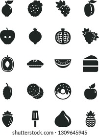 Solid Black Vector Icon Set - piece of cake vector, glazed with a hole, pie, popsicle, strawberries, biscuit, half pomegranate, grape, branch, quince, apricot, tasty apple, raspberry, fig, medlar