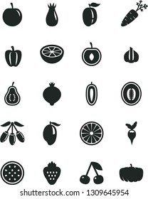 Solid Black Vector Icon Set - strawberry vector, cherry, rose hip, medlar, mango, goji berry, half melon, ripe plum, tasty, sweet date fruit, of passion, orange, grapefruit, part guava, Bell pepper