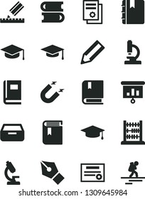 Solid Black Vector Icon Set - book vector, e, books, abacus, drawing, notebook, drawer, square academic hat, magnet, pencil, scientific publication, presentation, microscope, graduate, patente