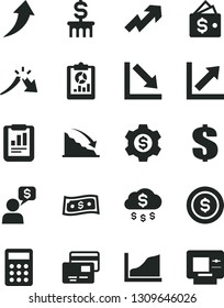 Solid Black Vector Icon Set - growth up vector, dollar, chart, negative, cards, recession, a crisis, statistical report, overview, calculator, graph, arrow, money rain, coin, column, gear, wallet