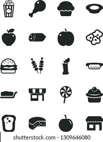Solid Black Vector Icon Set - kiosk vector, sausage, cheese, fried vegetables on sticks, mini hot dog, burger, cake, muffin, slice, a plate of milk, chicken leg, lollipop, popcorn, cup, sandwich