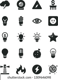 Solid Black Vector Icon Set - matte light bulb vector, power socket type b, star, eye, storm cloud, lens, energy saving, mercury, lighthouse, electricity, flame, flag on moon, dollar column, idea