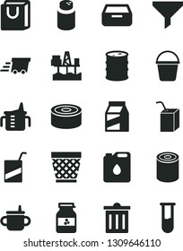 Solid Black Vector Icon Set - wicker pot vector, bin, mug for feeding, measuring cup, powder, e, packing of juice with a straw, bucket, drawer, bag handles, package, canned goods, tin, jar jam