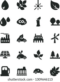 Solid Black Vector Icon Set - drop vector, apple stub, solar panel, leaves, leaf, gas station, wind energy, hydroelectricity, trees, forest, industrial building, factory, eco car, electric, biology