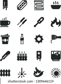 Solid Black Vector Icon Set - electronic thermometer vector e, mercury, heating coil, radiator, new, boiler, coffee, Hot Dog, noodles, porridge, barbecue, coffe to go, a glass of tea, bottle soda