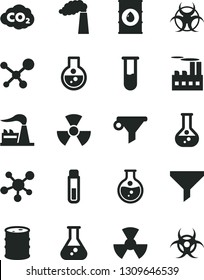 Solid Black Vector Icon Set - round flask vector, manufacture, factory, oil, barrel, industrial building, radiation, carbon dyoxide, filter, water, test tube, molecule, nuclear, biohazard