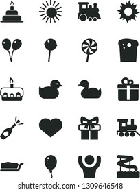 Solid Black Vector Icon Set - heart symbol vector, rubber duck, baby duckling, toy train, children's, colored air balloons, balloon, birthday cake, gift, Easter, slice, torte, Chupa Chups, lollipop