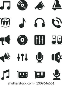 Solid Black Vector Icon Set - bell vector, horn, drum, microphone, music, CD, regulator, no sound, phone call, megaphone, loudspeaker, pc card, headphones, speaker, note, settings