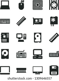 Solid Black Vector Icon Set - keyboard vector, screen, processor, computer, notebook pc, radiator fan, mouse, power supply, motherboard, memory, card, hdd, floppy