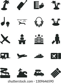 Solid Black Vector Icon Set - sand castle vector, plane, car baggage, camper, passenger, ticket, rolling case, hotel, beach, palm tree, hawaii wreath, aquapark, surfing, golf, hammok, yacht