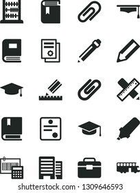Solid Black Vector Icon Set - clip vector, graphite pencil, book, e, abacus, portfolio, buildings, writing accessories, drawing, calculation, square academic hat, text highlighter, graduate, patente