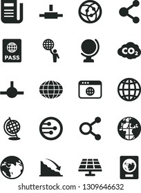 Solid Black Vector Icon Set - globe vector, earth, passport, solar panel, carbon dyoxide, connection, connections, planet, recession, newspaper, network, browser, connect, man hold world