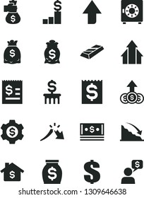 Solid Black Vector Icon Set - upward direction vector, dollar, strongbox, recession, a crisis, article on the, financial item, money, dollars, cash, growth arrows, gold bar, bag hand, mortgage, gear