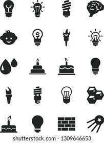 Solid Black Vector Icon Set - matte light bulb vector, children's hairdo, cake, birthday, brickwork, saving, honeycombs, drop, energy, brain, flame torch, idea, first satellite