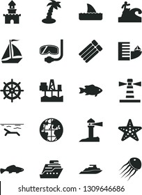 Solid Black Vector Icon Set - small fish vector, commercial seaport, lighthouse, coastal, planet, sand castle, sail boat, hotel, beach, palm tree, starfish, diving mask, surfing, handwheel, cruiser